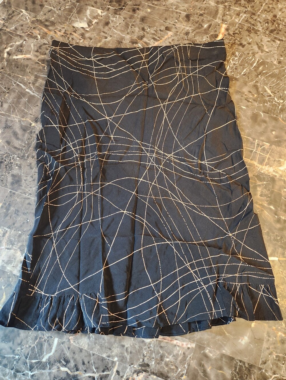 Max Studio Black Skirt with Tan Linear Print and Ruffle Hem